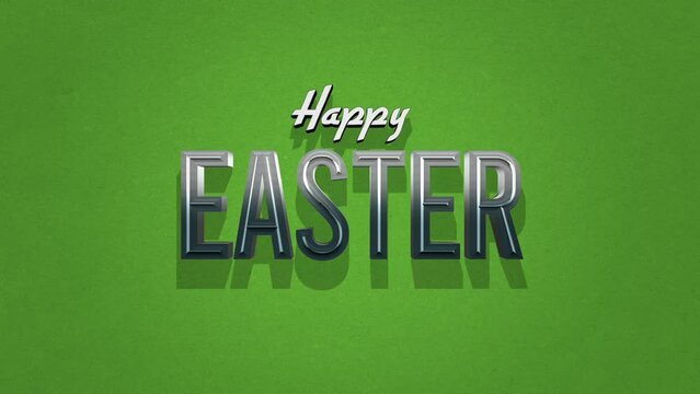 A festive green background with shiny, metal-like white letters spelling Happy Easter in a stylized font, creating a joyous and celebratory image