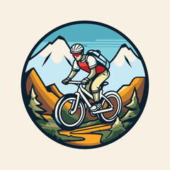 Mountain biker riding on the road in the mountains. Vector illustration