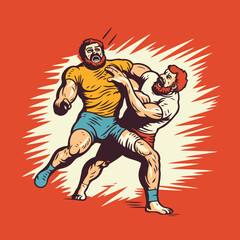 Rugby players fighting for ball. vector illustration in retro style