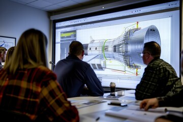 Engineering team discussing a 3D model of a turbine on a large screen in a modern office.