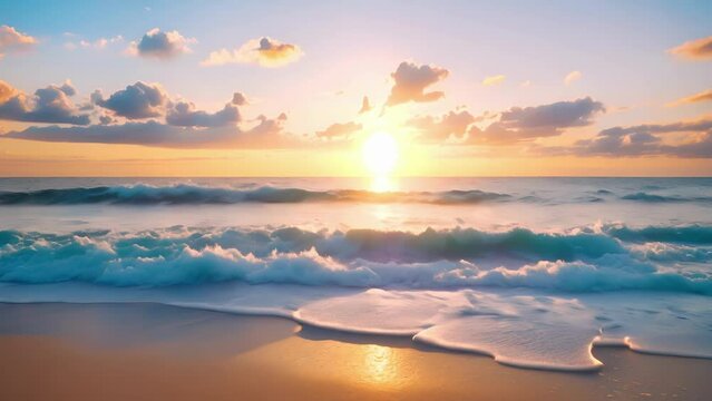 Background A serene beach with crashing waves and a colorful sunset.