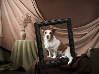 Jack Russell Terrier poses with an ornate frame, classical drapery backdrop. The poised dog adds charm to the vintage setting, creating a timeless pet portrait