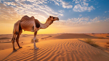 a camel standing in the middle of a desert with blue sky