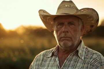 Capture the spirit of sustainable farming in the USA with a compelling portrait of a dedicated male worker on an organic farm