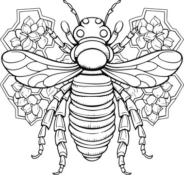 Honey bee. Black and white vector illustration for coloring book.