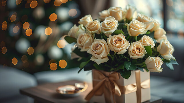 Bouquet of white roses. Beautiful gift box with engagement ring inside. High-quality photograph capturing the essence of a birthday celebration