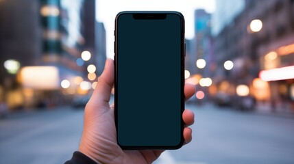 In the heart of urban life, a close-up shot captures the detail of a hand holding the latest black iPhone 15, its blank white screen ready for a myriad of possibilities. Set against a dynamic street 