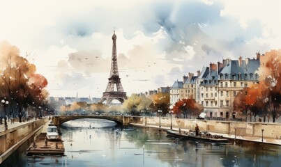 Watercolor drawing with french symbols. Eiffel Tower, old houses.  french symbols.. Copy space