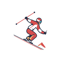 Skier in red sportswear on skis. vector illustration