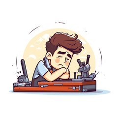Vector cartoon illustration of a boy working at the computer. He is tired.