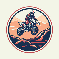 Motocross rider on the road in the mountains. vintage style. vector illustration