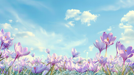 Natural autumn background with delicate lilac crocus flowers against blue sky