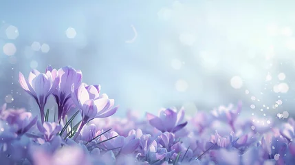 Fotobehang Natural autumn background with delicate lilac crocus flowers against blue sky © Nate