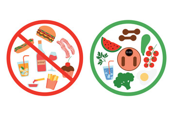 Set with healthy and unhealthy food. Choice between different dishes. Fast food vs good food. Flat vector illustration, concept of proper nutrition and weight loss