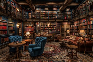 Naklejka na ściany i meble Dimly lit library with shelves of books