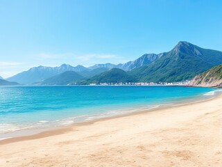 Fototapeta na wymiar Beach with mountains and sea in the summertime