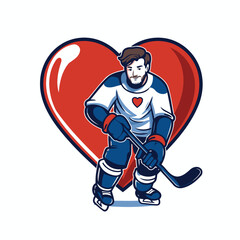Hockey player with a hockey stick and heart. Vector illustration.