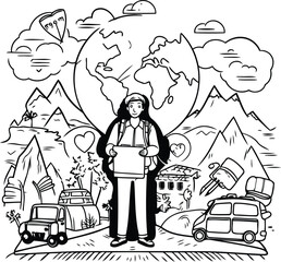 Tourist man with map and car cartoon in black and white vector illustration graphic design