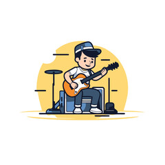 Man playing guitar in the studio. Vector illustration in flat style.