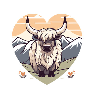 Vector illustration of a yak in the shape of a heart on the background of mountains.