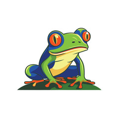 Cartoon green frog on the grass. Vector illustration isolated on white background.