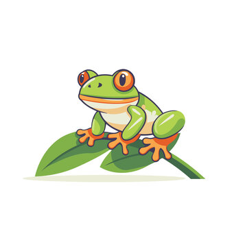 Cute cartoon green frog sitting on green leaf. Vector illustration.