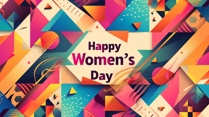 Geometric pattern background with bold typography for Women's Day. Abstract colorful geometry elements graphics on beige background with a word "Happy Women's Day" in the center.