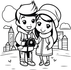 Cute little boy and girl in the city. Vector illustration.