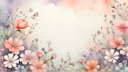 Papier Peint photo Lavable Papillons en grunge watercolor illustration of a large space for a note with small white and colorful flowers on the left side on a soft pastel background with a hint of floral pattern.