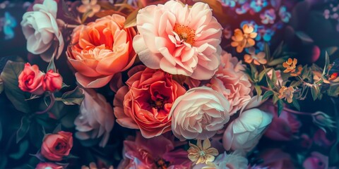 Beautiful fantasy vintage wallpaper botanical flower bunch, vintage motif for floral print digital background.