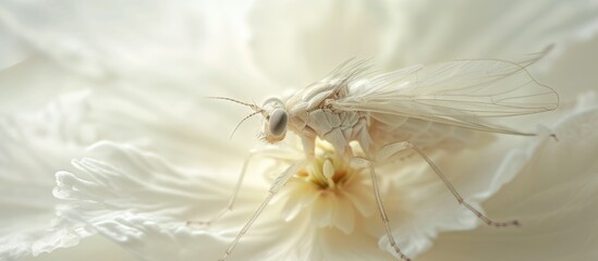 A detailed view of a white flower with a gadfly perched on it, showcasing the intricate details of the petals and the insects features.