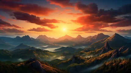 Majestic Mountain Sunset – A breathtaking landscape featuring towering mountains and rolling...