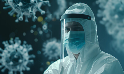 portrait of a person or doctor in a mask eith virus