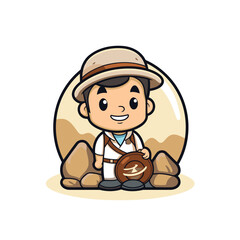 Cute cartoon explorer sitting on the rocks and holding a treasure map