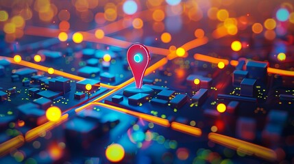 Dynamic Geospatial Map with Location Intelligence. Glowing Neon Map Pin technology  Background. - obrazy, fototapety, plakaty
