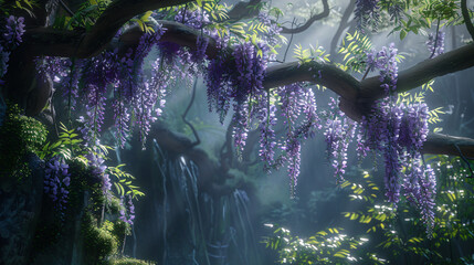 Wisteria (Wisteria spp.) in full bloom, utilizing cinematic framing to reveal the elegance of cascading floral clusters. - obrazy, fototapety, plakaty