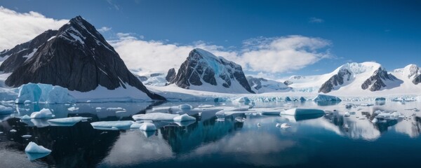 Fototapeta na wymiar Panoramic view of icy rocks and Arctic (Antarctic) ocean waters