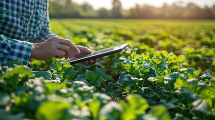 Farmer using a tablet to monitor and manage crops efficiently with a smart farming application. Smart Farming Applications