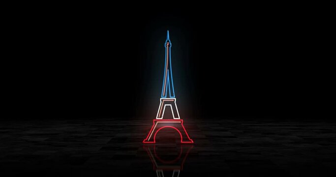 Eiffel tower neon glowing symbol. Light color bulbs. Paris France icon abstract concept 3d animation.