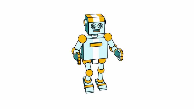 3d robot in cartoon style. Robot toy walk cycle. Transparent background. Looped animation with alpha channel. Camera fly around