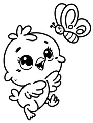 Baby chicken chasing a butterfly, cute baby chic, hand draw a chicken illustration for coloring book, spring season	