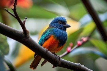 Obraz premium Bird perching on branch looking at camera vibrant feathers beautiful nature