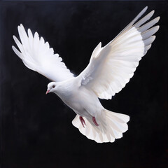 Free flying white dove isolated on black background.