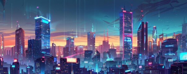 Futuristic City Skyline at Twilight with Neon Lights Illustration - obrazy, fototapety, plakaty