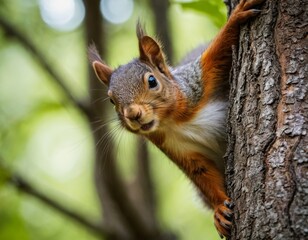 Fototapeta premium A closeup of a curious squirrel on tree