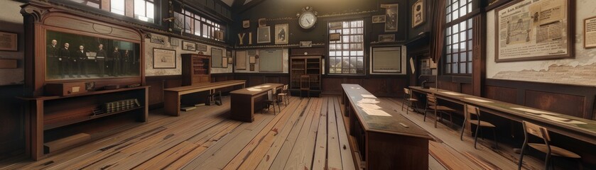 Vintage Classroom Interior with Wooden Desks and Chalkboard