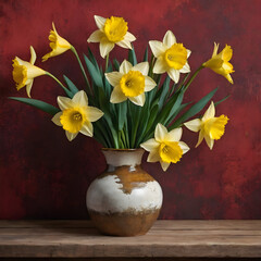 Bouquet of daffodils in vase over grunge background