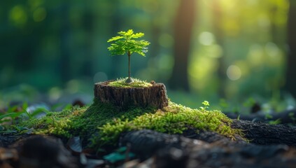 Tree growing out of tree stump concept of environment conservation and green forest 