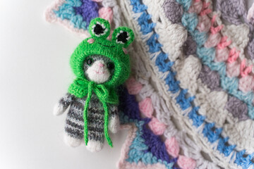 Knitted toy cat with a toad cap on a white background - 743656911