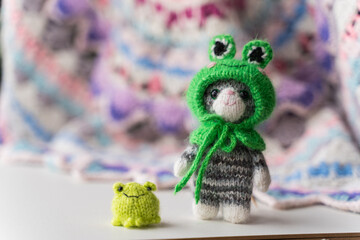 Knitted toy cat with a toad cap on a white background - 743656988